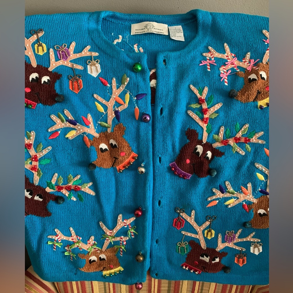 Festive Reindeer holiday Cardigan with Colorful Embellishments small
